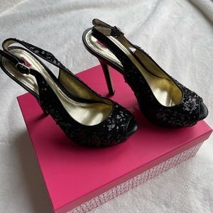 Elaine Turner Black Sequin Peep Toe Slingback Pump